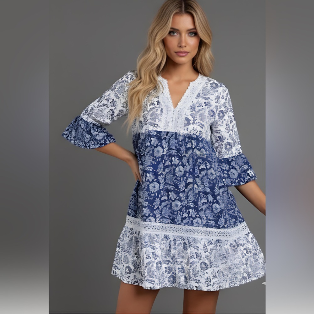 Blue Boho Floral Print Lace Dress